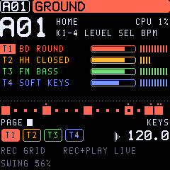 TONIC's home screen: pattern A01 GROUND, four tracks with their sounds and levels, the steps below